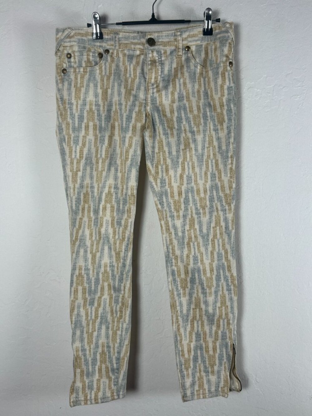 Free People Womens Aztec Print Pants Jeans Size 28 Beige Blue Skinny Ankle Zip